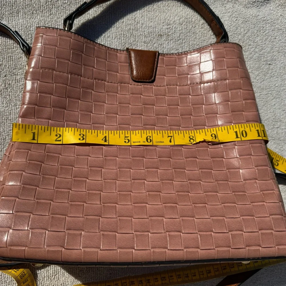 JEN & CO Woven Textured Tote Bag Pink Brown Crossbody Vegan Leather